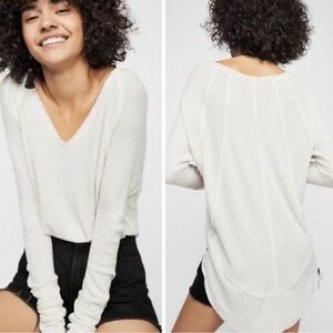 Free People Catalina Waffle Knit V-Neck Thermal Top in white/oatmeal
